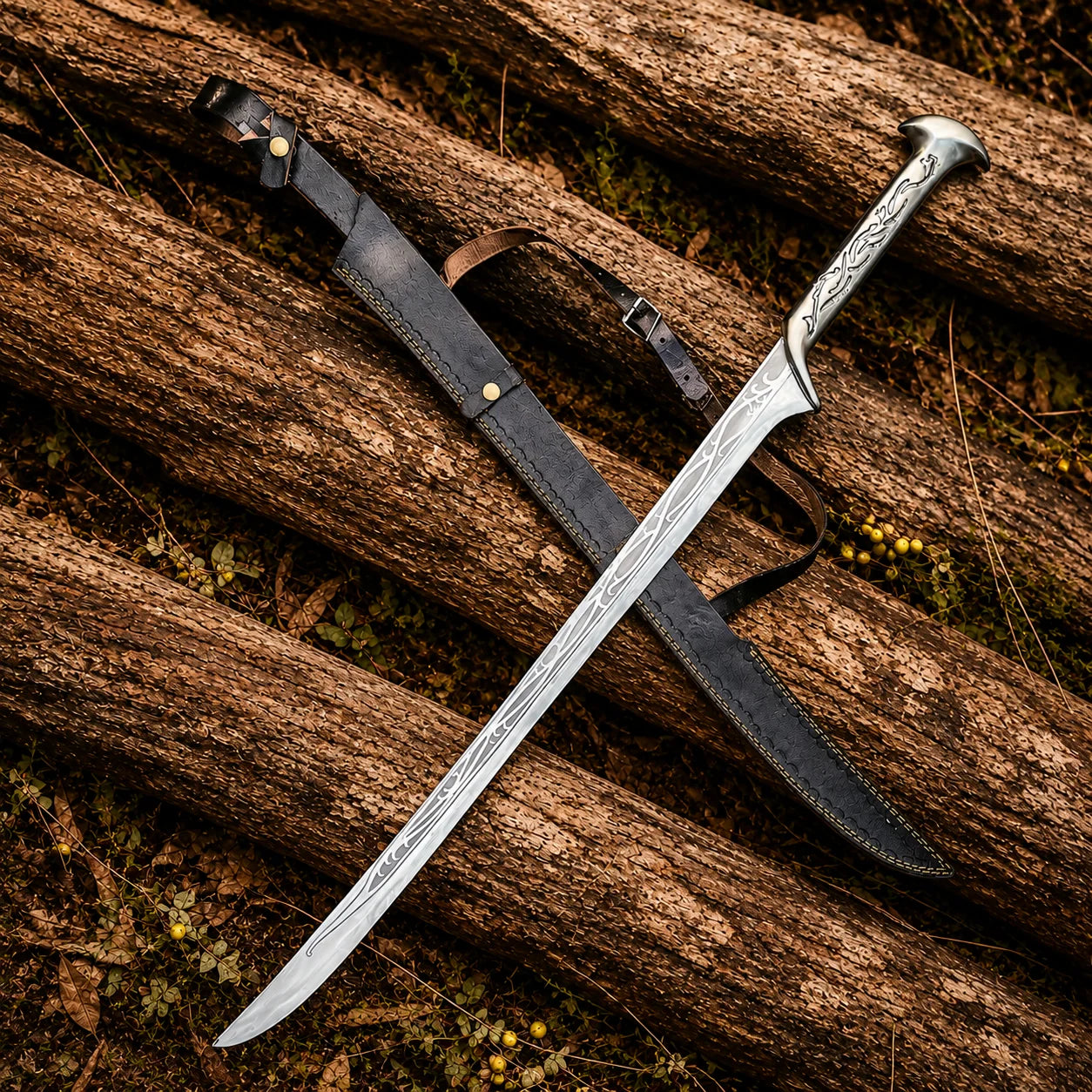Universal Image Alt Text: Thranduil Sword Hobbit LOTR elven display replica with polished silver engraved blade and black display sheath with strap.