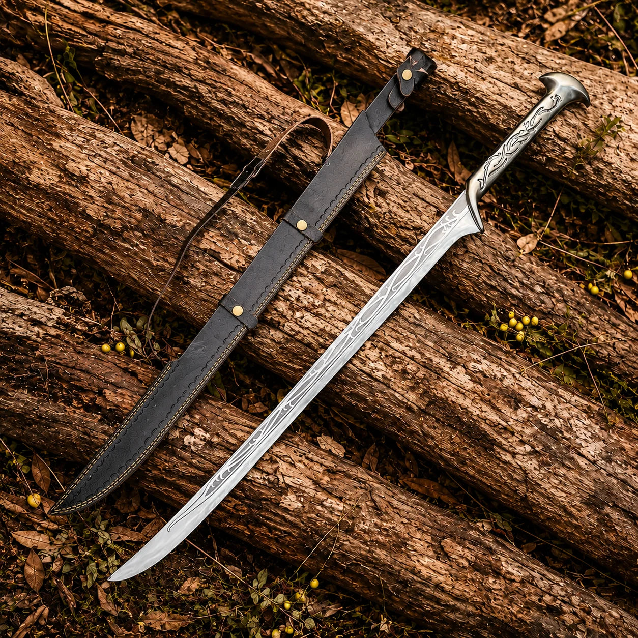 Universal Image Alt Text: Thranduil Sword Hobbit LOTR elven display replica with polished silver engraved blade and black display sheath with strap.