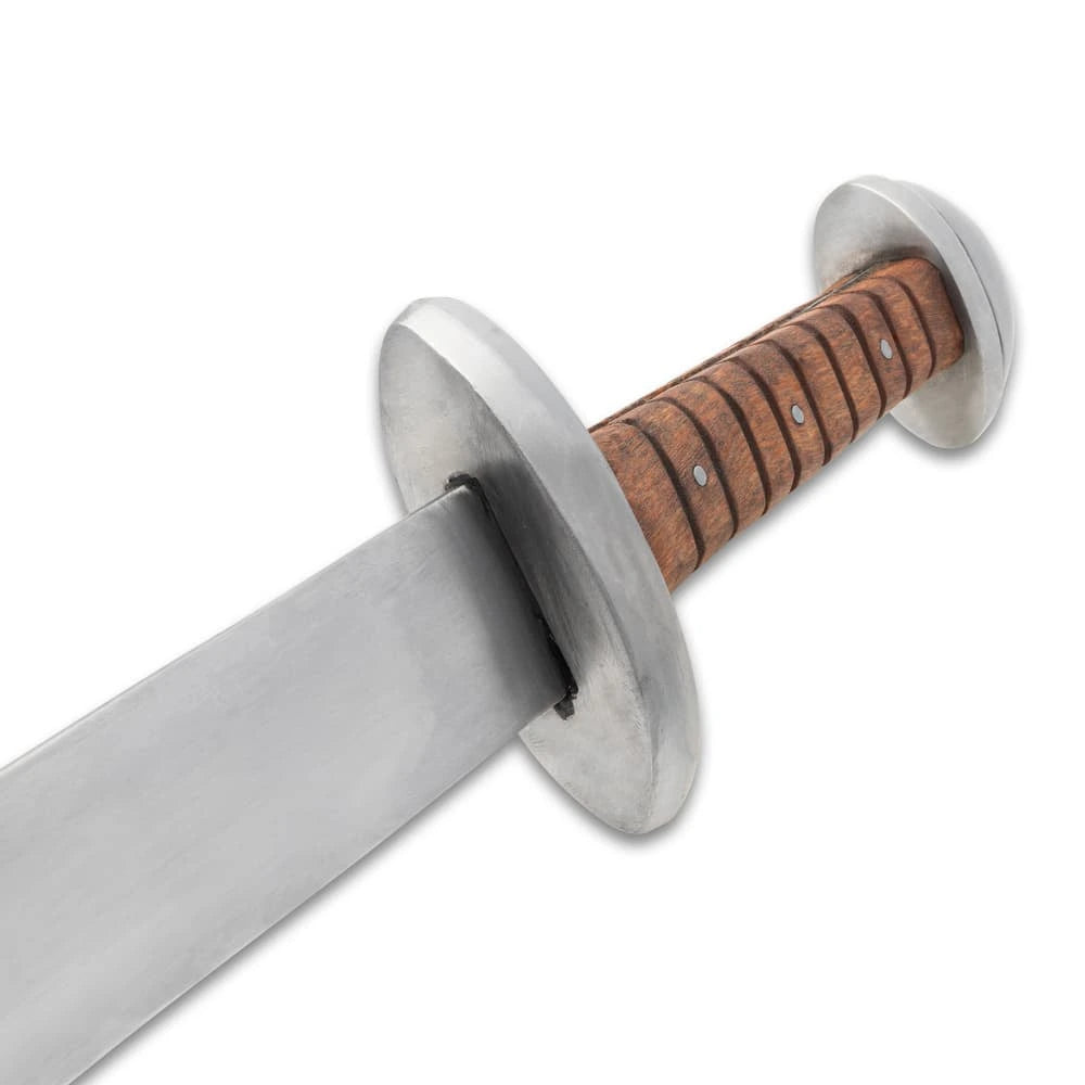 Viking training sword with 29.25-inch blunted carbon blade and wooden handle for reenactment