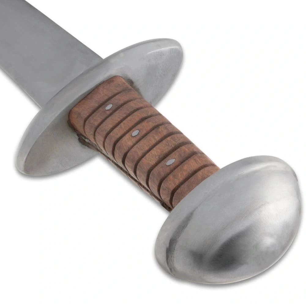 Viking Warrior prop replica close up showing rounded pommel and wood grip