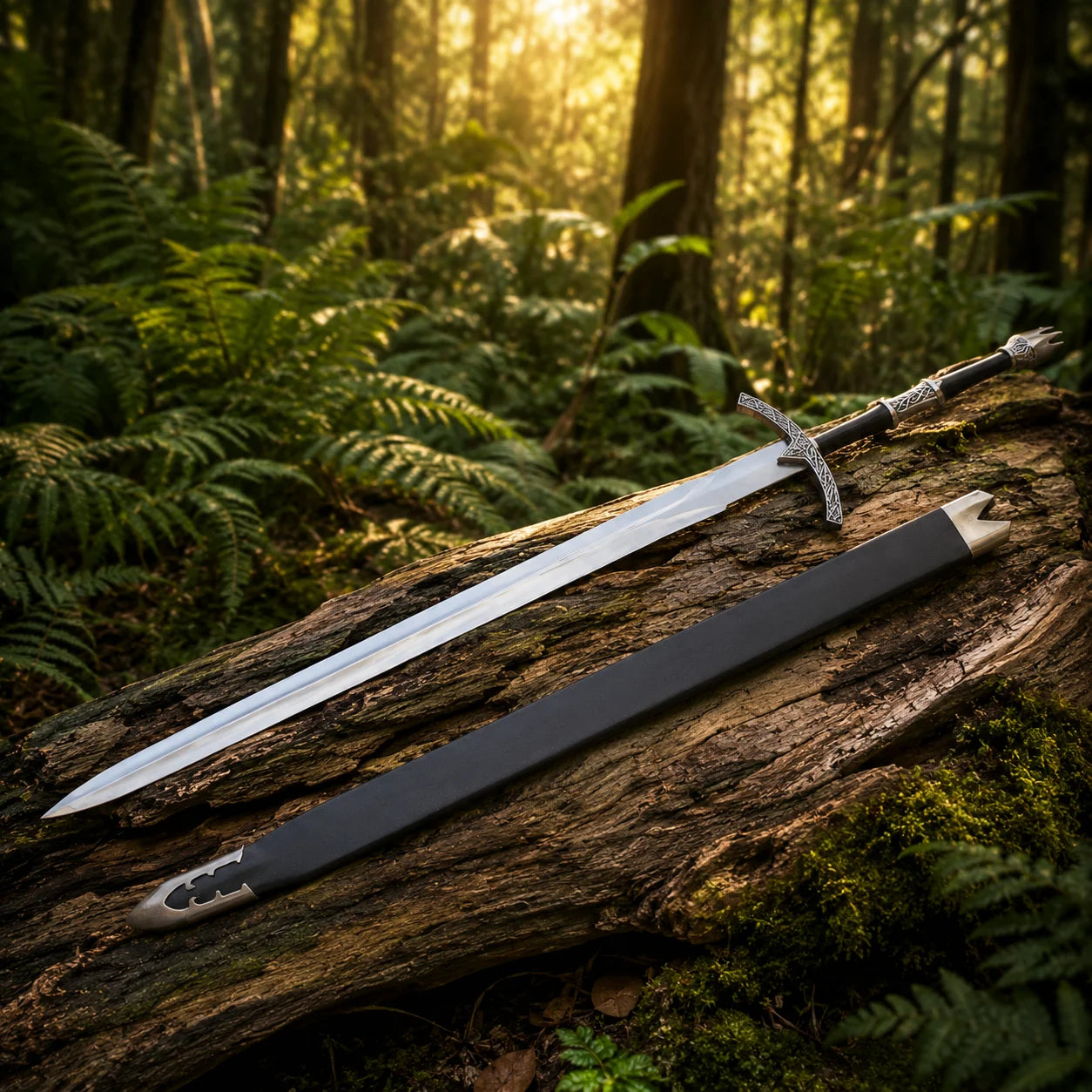 Witch-King Dominion Sword LOTR collectible display replica featuring detailed antique silver engraved guard and matte black handle resting on natural stone backdrop