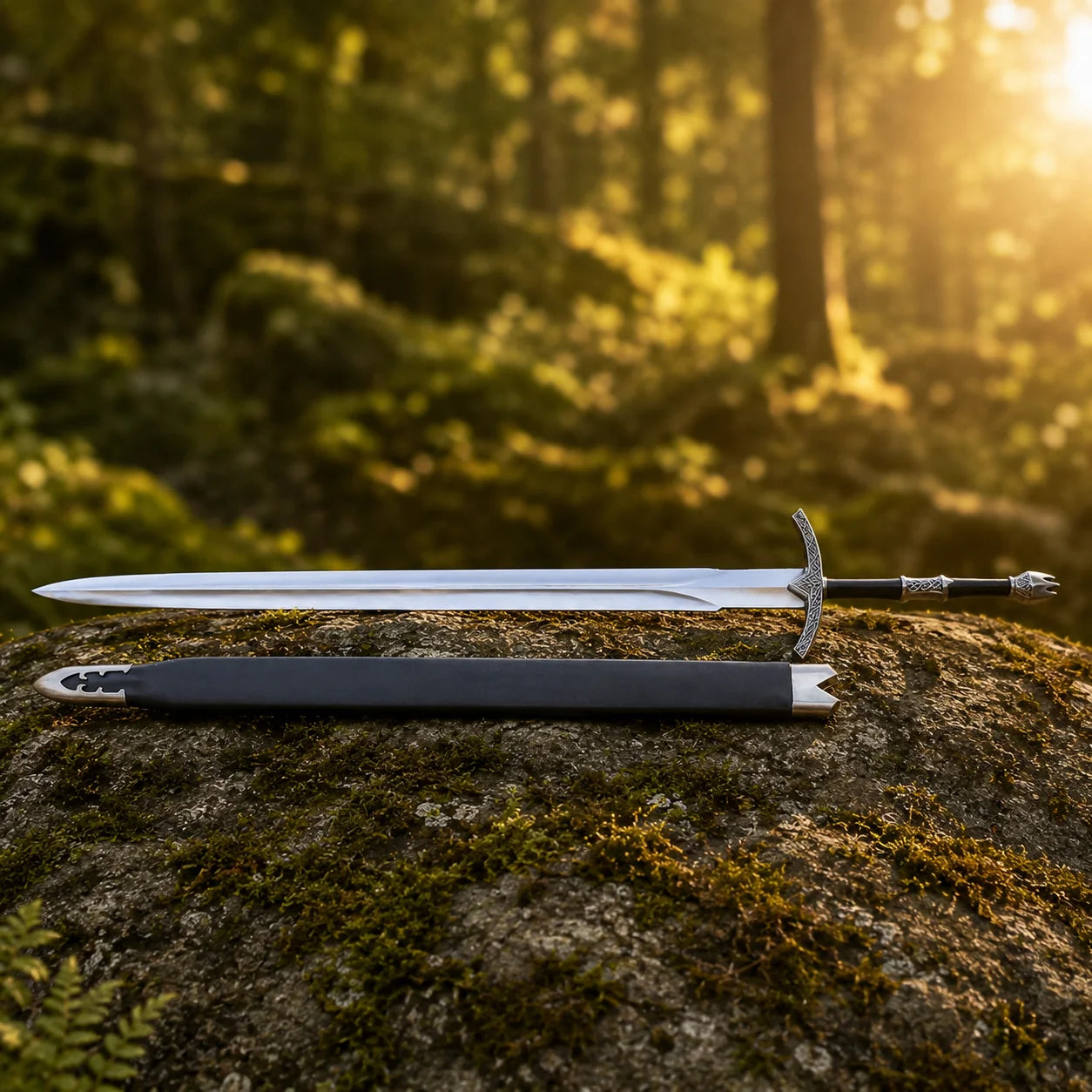 Witch-King Dominion Sword LOTR collectible display replica featuring detailed antique silver engraved guard and matte black handle resting on natural stone backdrop