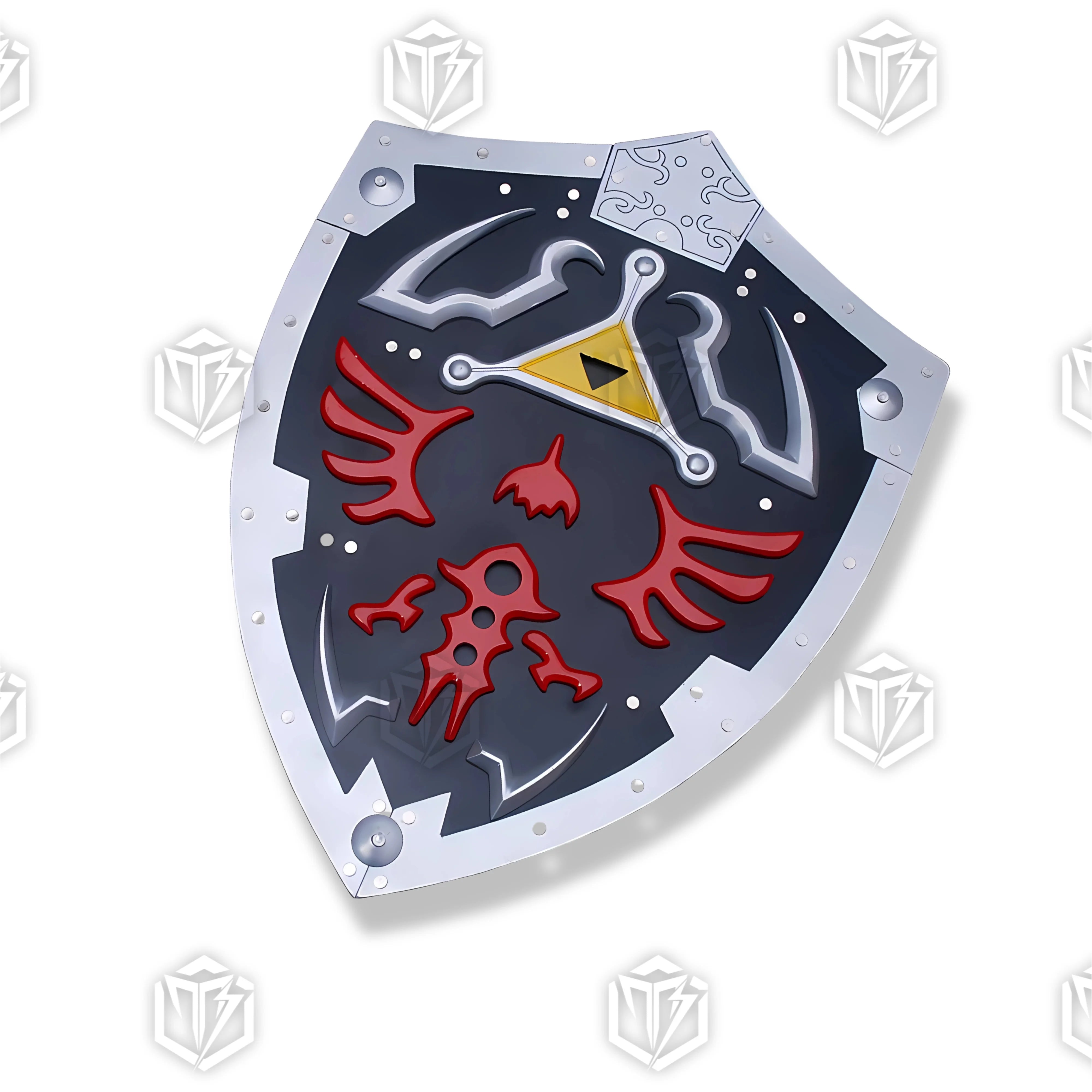 Premium Zelda Link Dark Hylian Shield Black Replica with Triforce engravings.