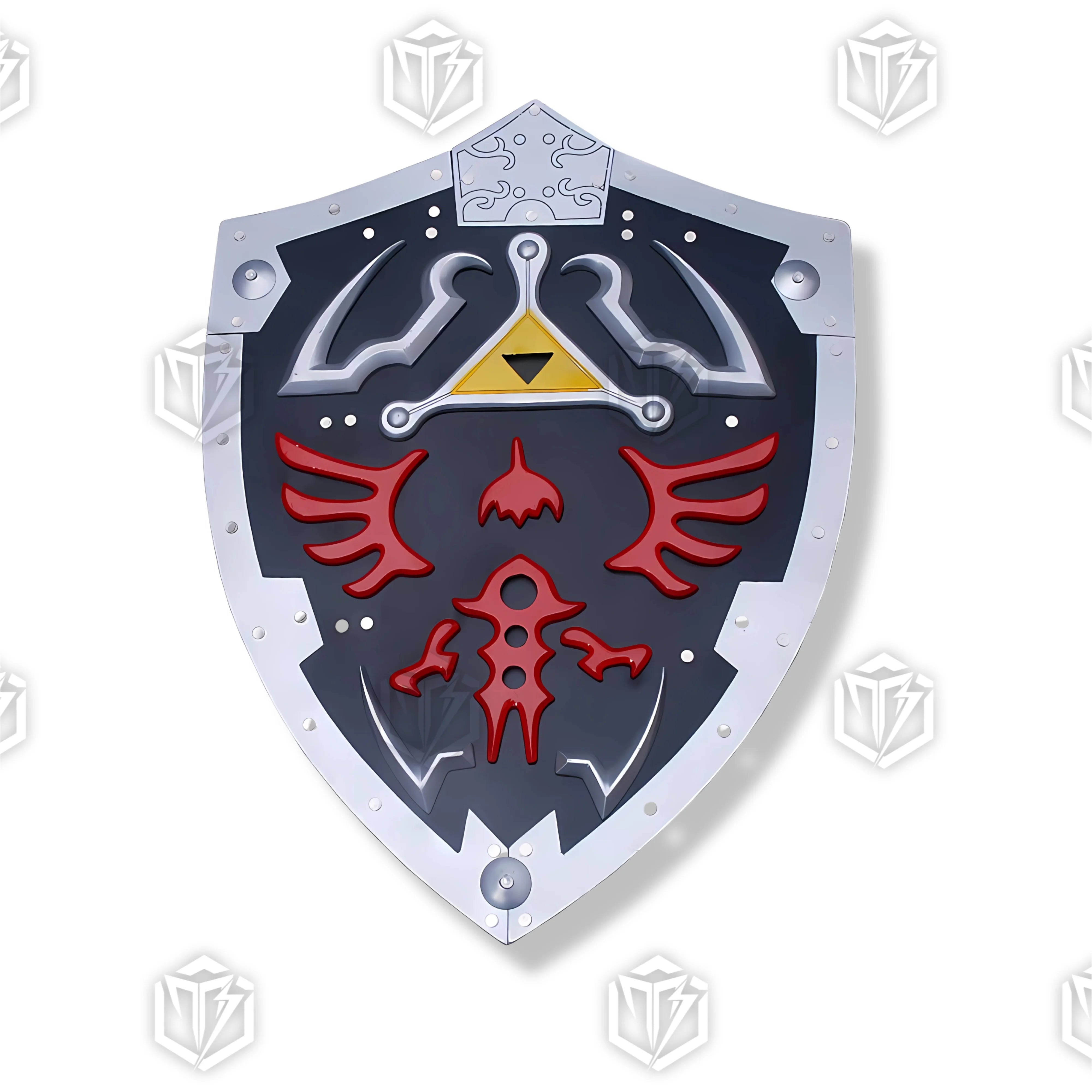 Premium Zelda Link Dark Hylian Shield Black Replica with Triforce engravings.
