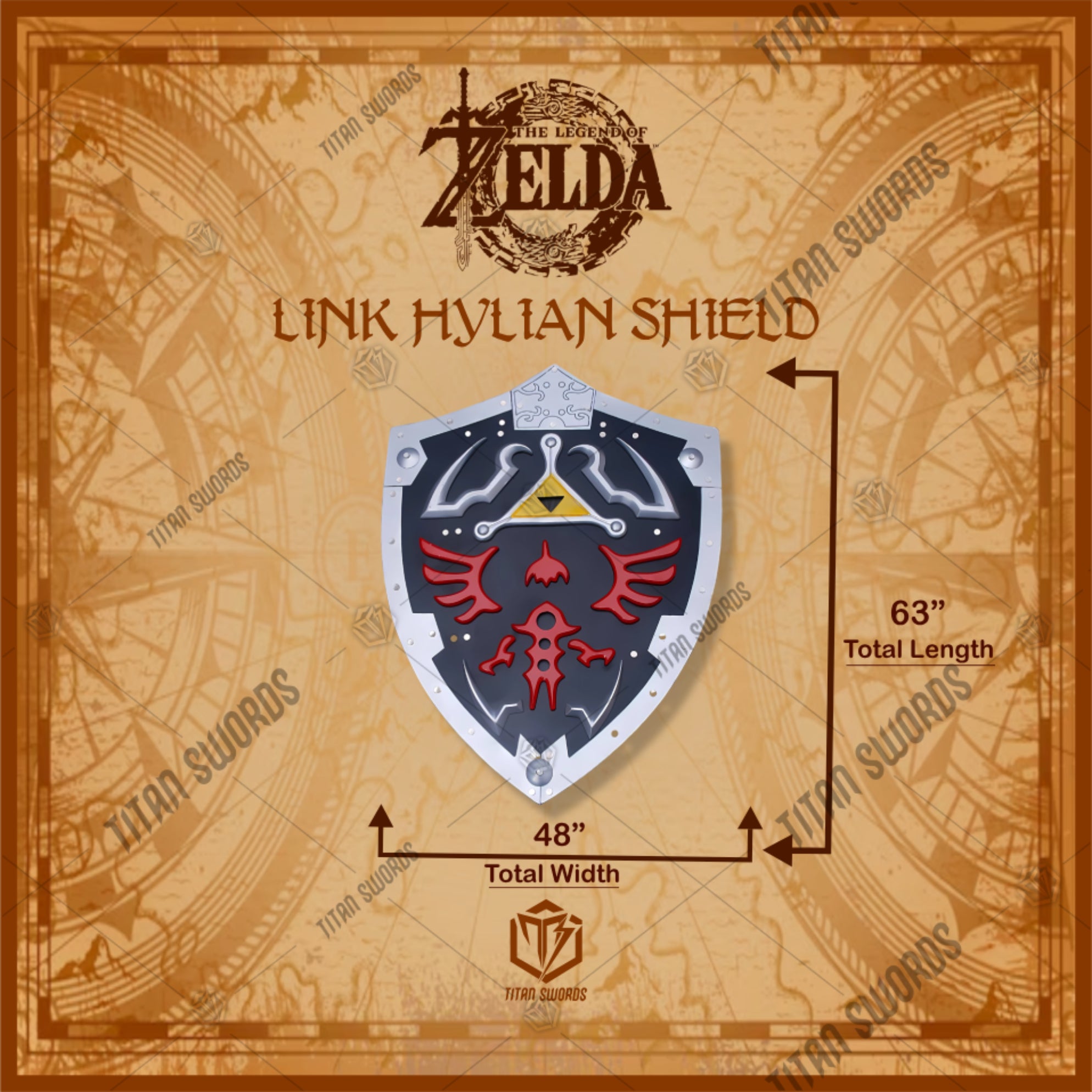 Premium Zelda Link Master Sword and Hylian Shield Set with display stand.