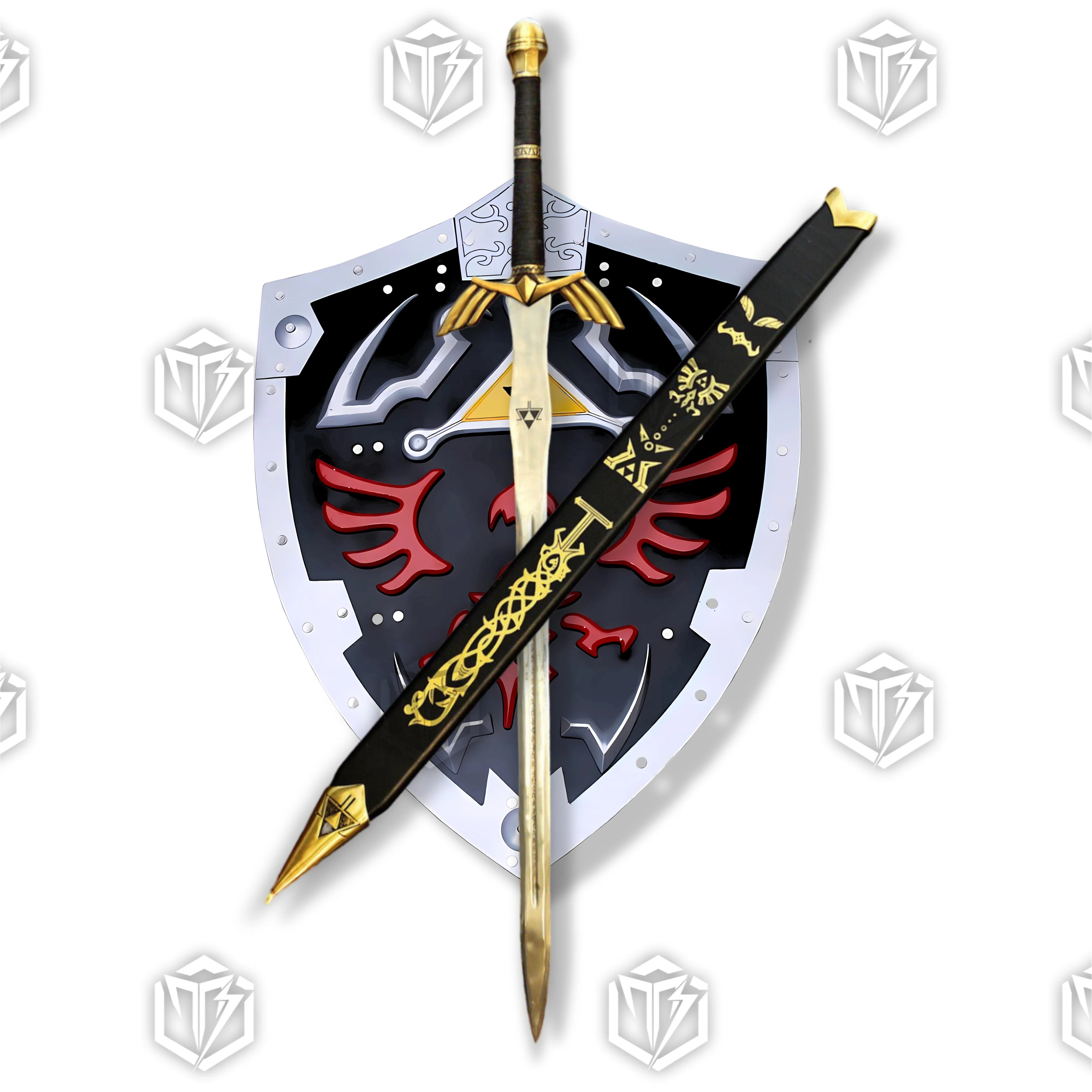 Premium Zelda Link Master Sword and Hylian Shield Set with display stand.