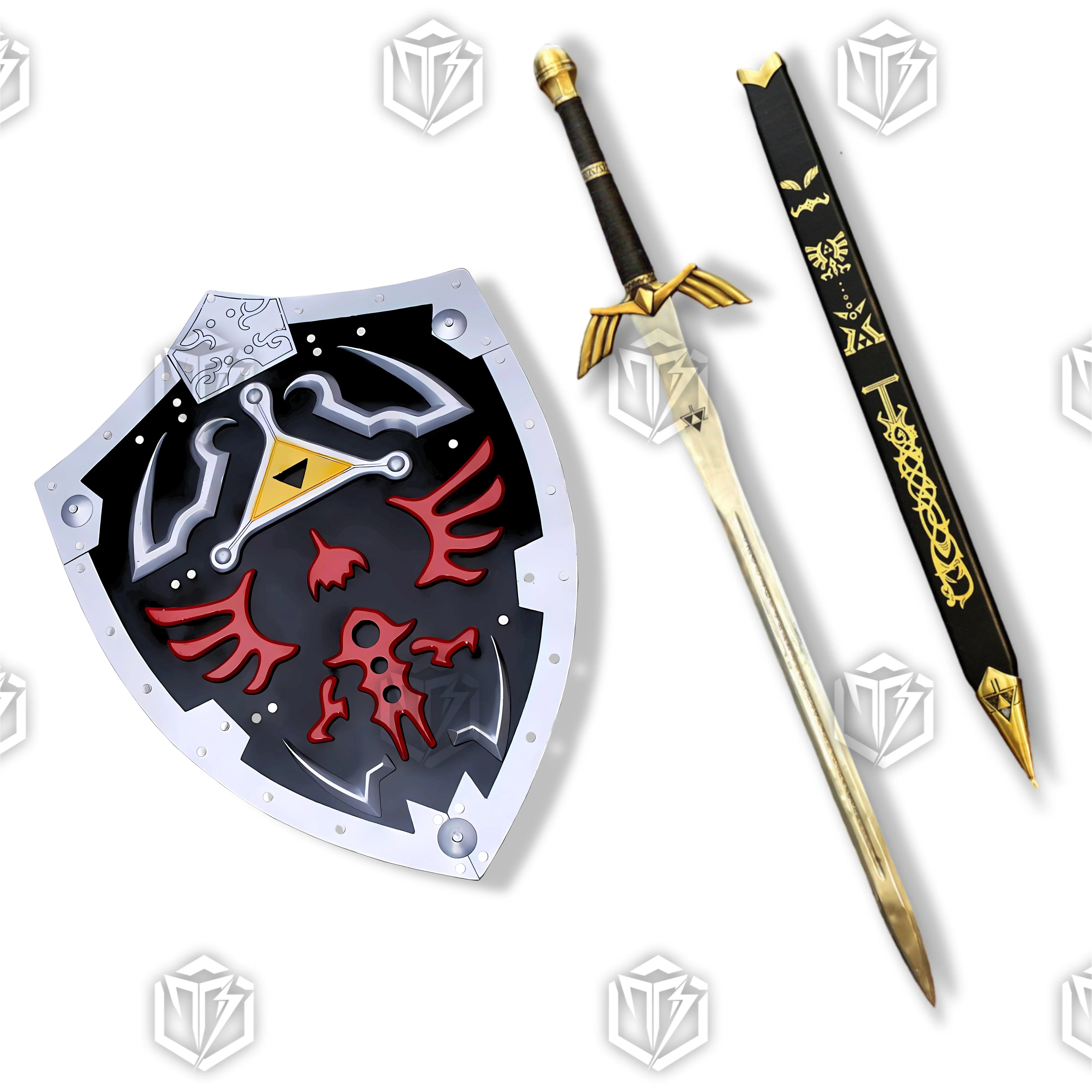 Premium Zelda Link Master Sword and Hylian Shield Set with display stand.
