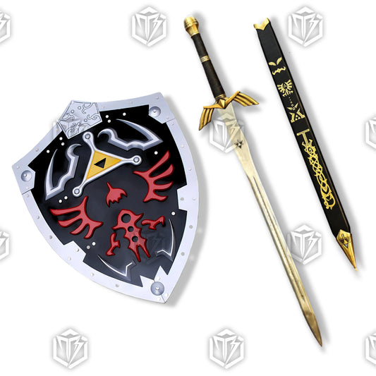 Premium Zelda Link Master Sword and Hylian Shield Set with display stand.