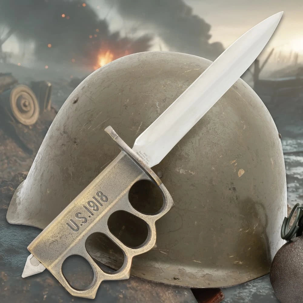 1918 WWI trench knife replica with knuckle guard handle.