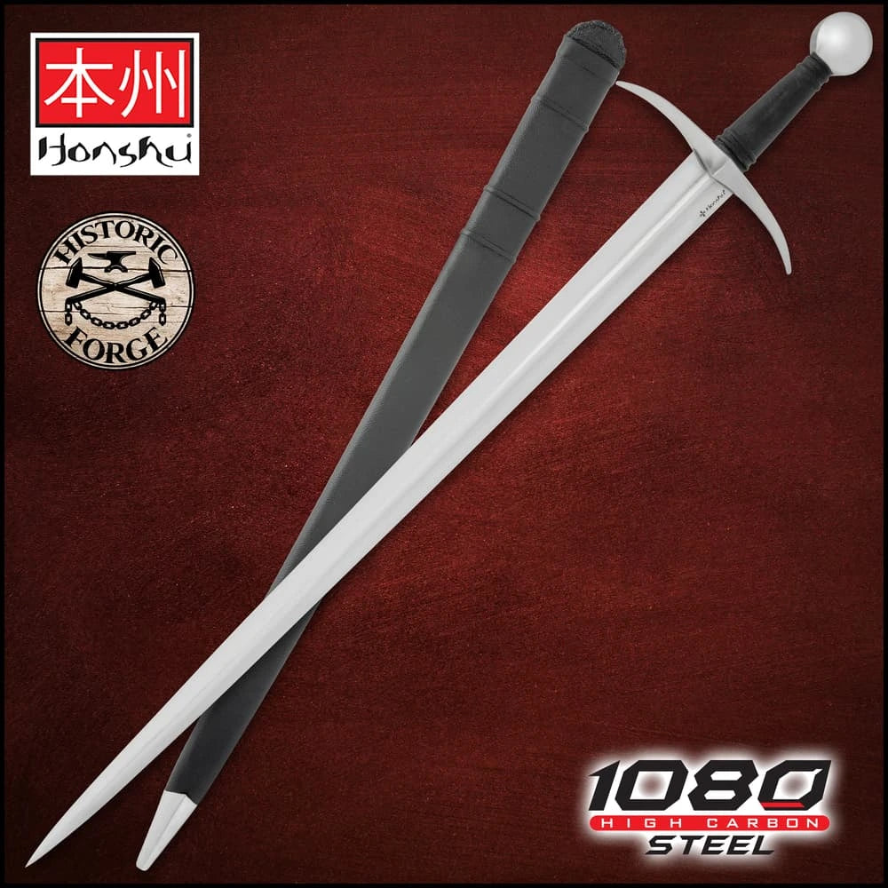 Honshu Historic Forge 14th Century French Arming Sword - 1080 carbon steel, black leather scabbard included