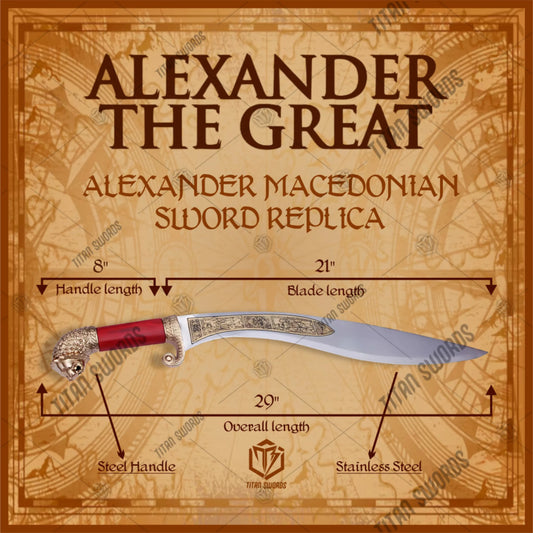 Premium Alexander the Great Sword Replica with Macedonian engravings on display stand