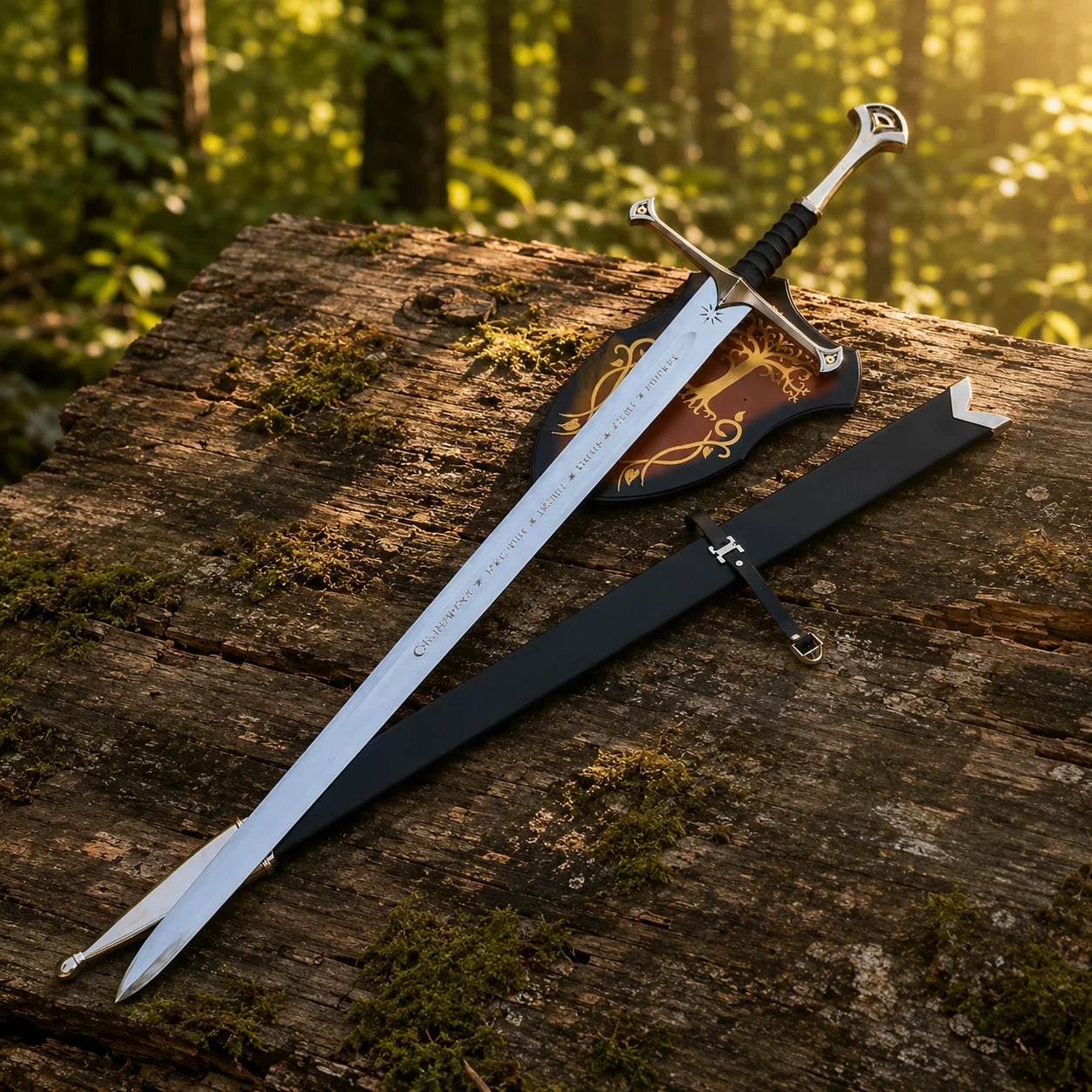 Anduril Narsil LOTR decorative display sword collectible featuring a silver engraved blade and black grip for collector showcases.