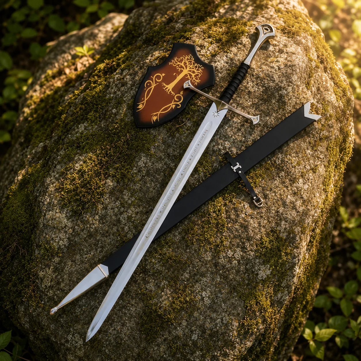 Anduril Narsil LOTR decorative display sword collectible featuring a silver engraved blade and black grip for collector showcases.