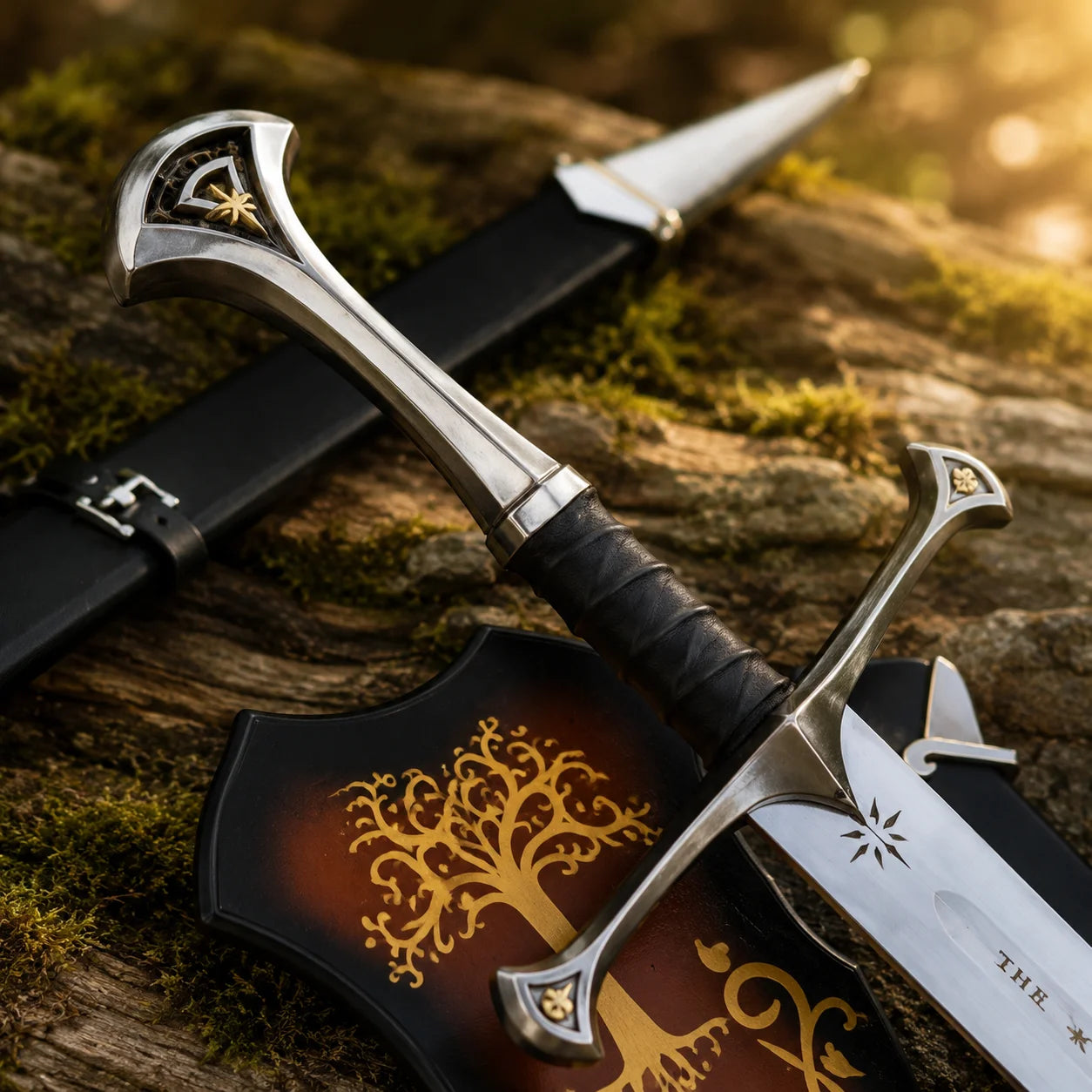Anduril Narsil LOTR decorative display sword collectible featuring a silver engraved blade and black grip for collector showcases.
