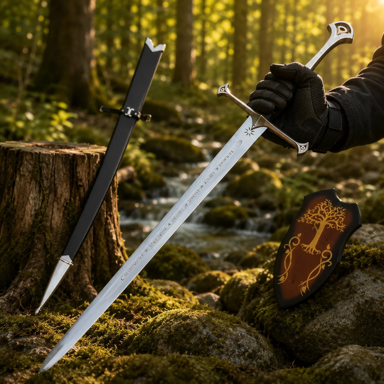 Anduril Narsil LOTR decorative display sword collectible featuring a silver engraved blade and black grip for collector showcases.