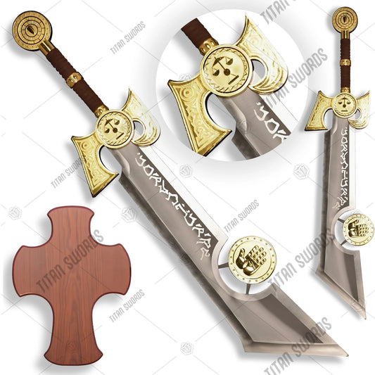 Premium Ashbringer WoW sword replica with runic engravings and display plaque.
