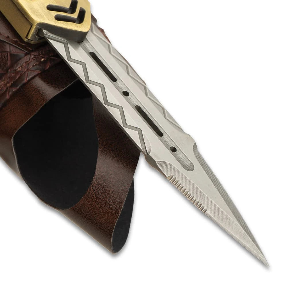 Assassins Guild tactical arm gauntlet with stainless steel blade and canvas arm sheath