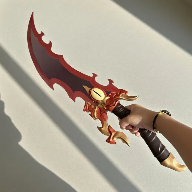 Demon King Baran sword replica from Solo Leveling with display stand and eye guard detail