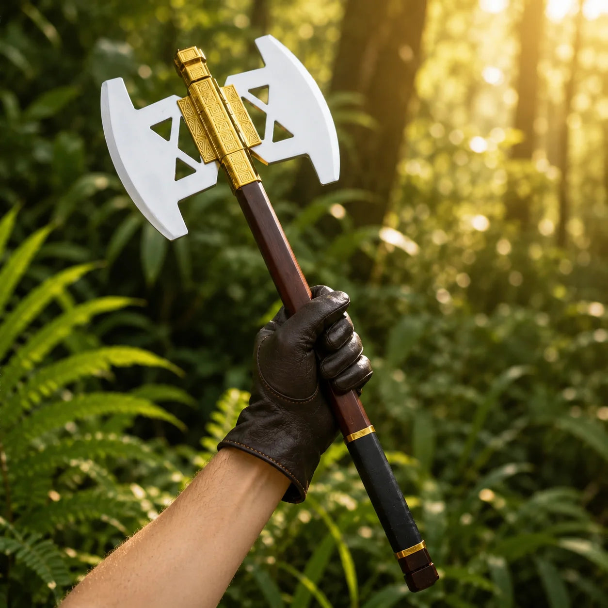 Battle Axe of Gimli LOTR display replica with metallic axe head, brown handle styling, fantasy detailing, and collectible Lord of the Rings decor presentation