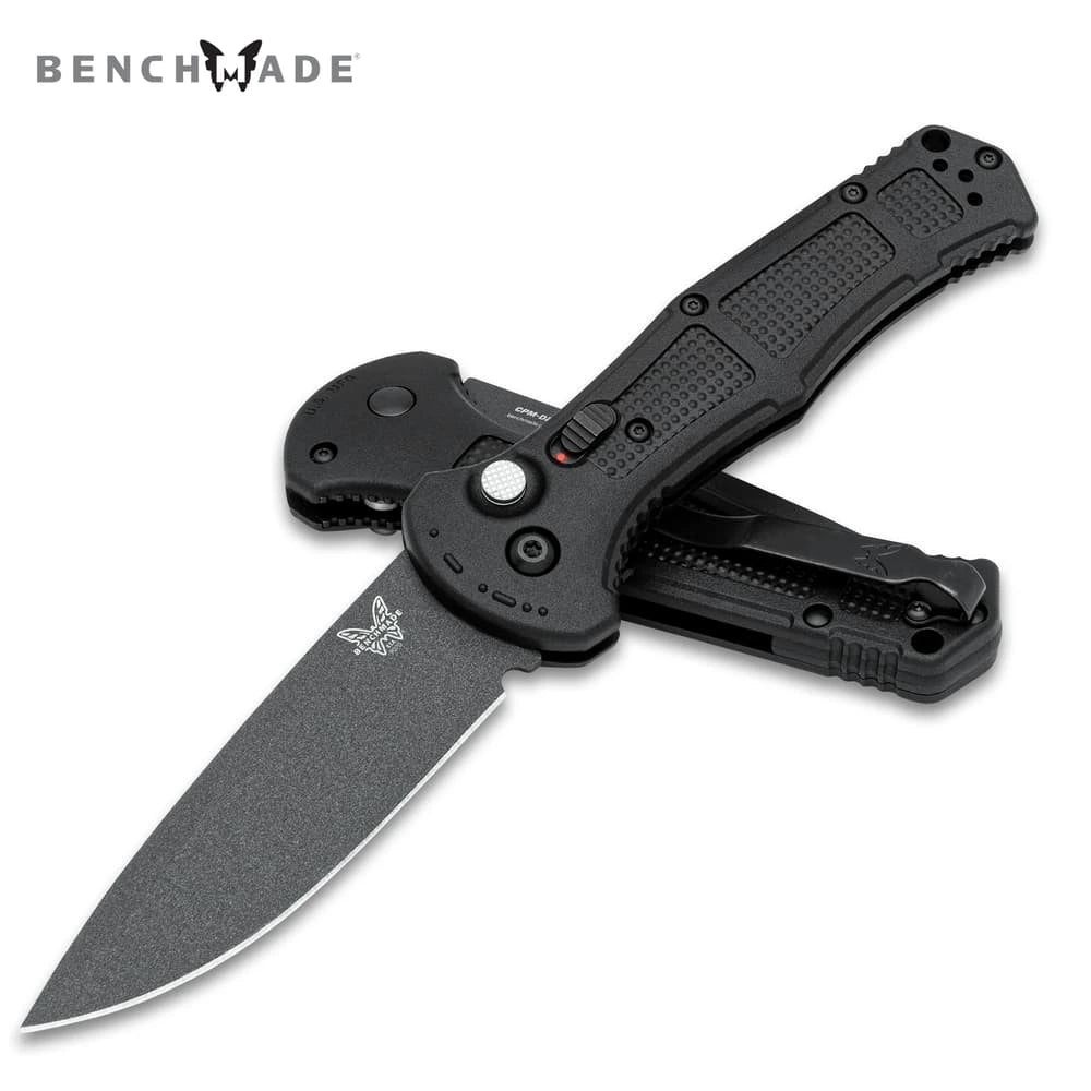 Push-button mechanism with safety Benchmade Claymore