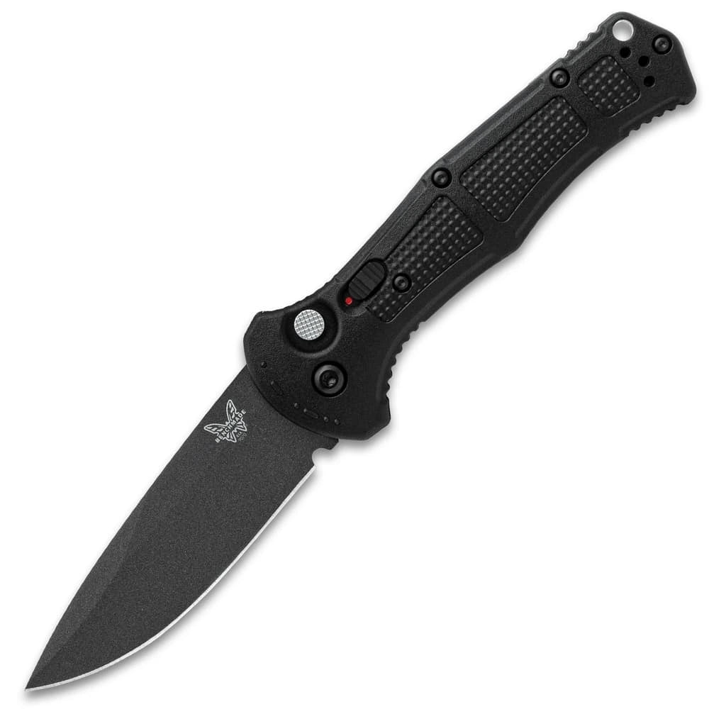 Push-button mechanism with safety Benchmade Claymore
