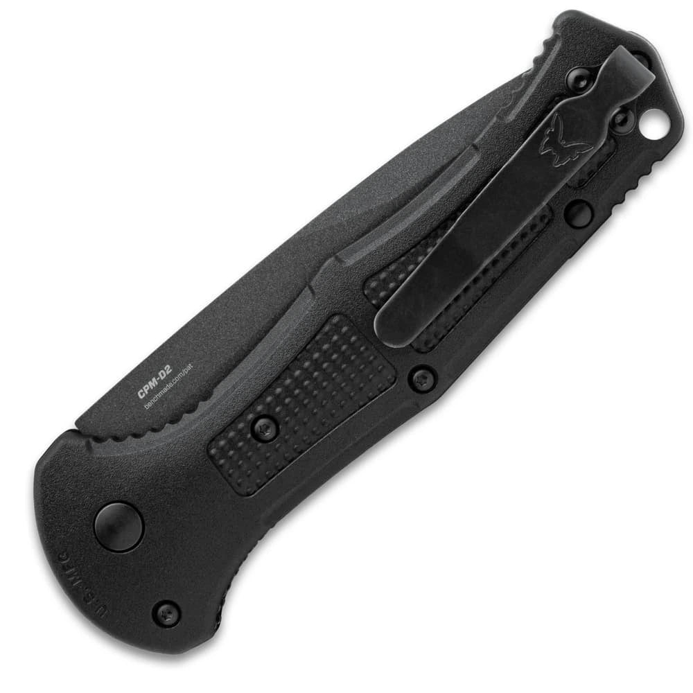 Push-button mechanism with safety Benchmade Claymore