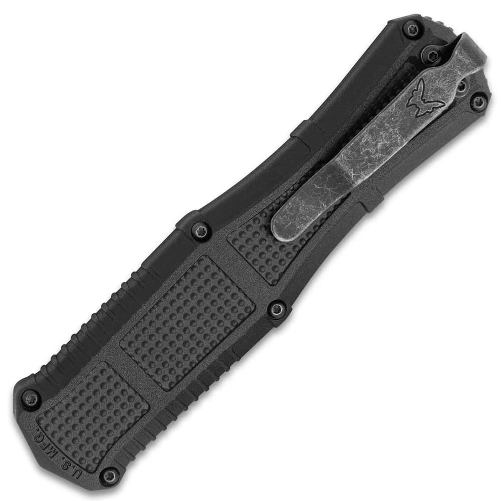 Benchmade Claymore OTF Knife collector display piece with black textured handle, dark blade section, Benchmade branding, rear clip, screw accents, and compact showcase presentation