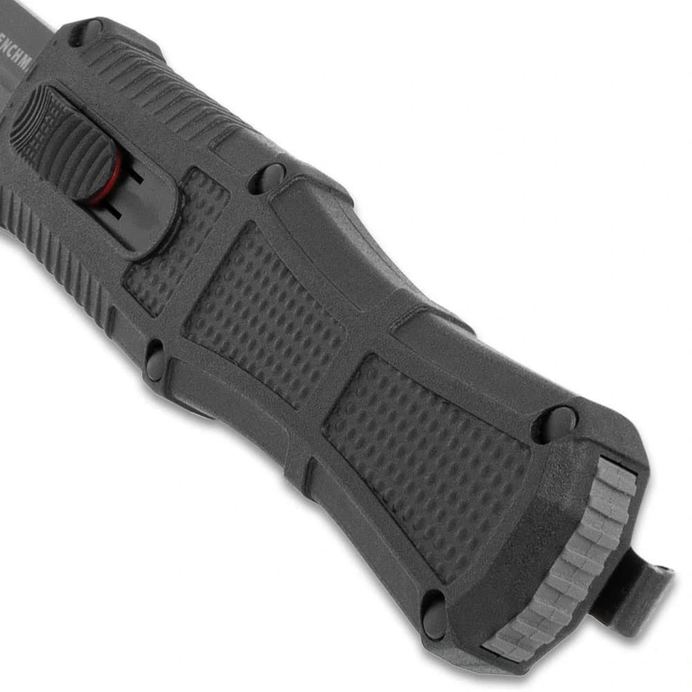 Benchmade Claymore OTF Knife collector display piece with black textured handle, dark blade section, Benchmade branding, rear clip, screw accents, and compact showcase presentation