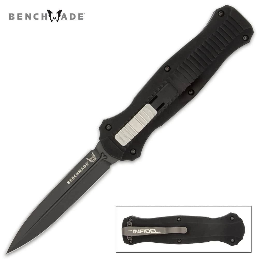 Benchmade Infidel All-Black OTF Knife collector display piece with black handle, silver-tone slider, branded clip, dark finish, and black fabric sheath