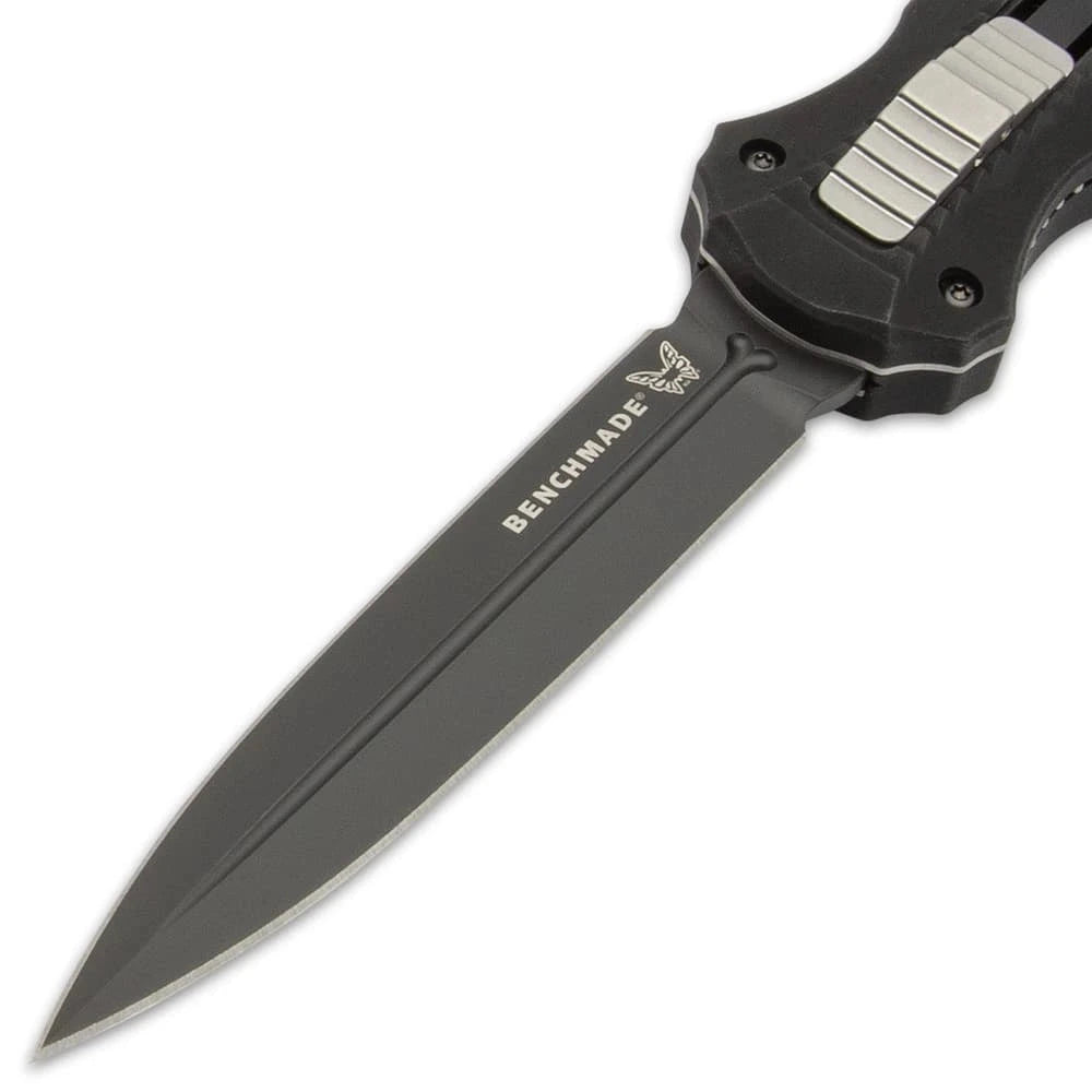 Benchmade Infidel All-Black OTF Knife collector display piece with black handle, silver-tone slider, branded clip, dark finish, and black fabric sheath