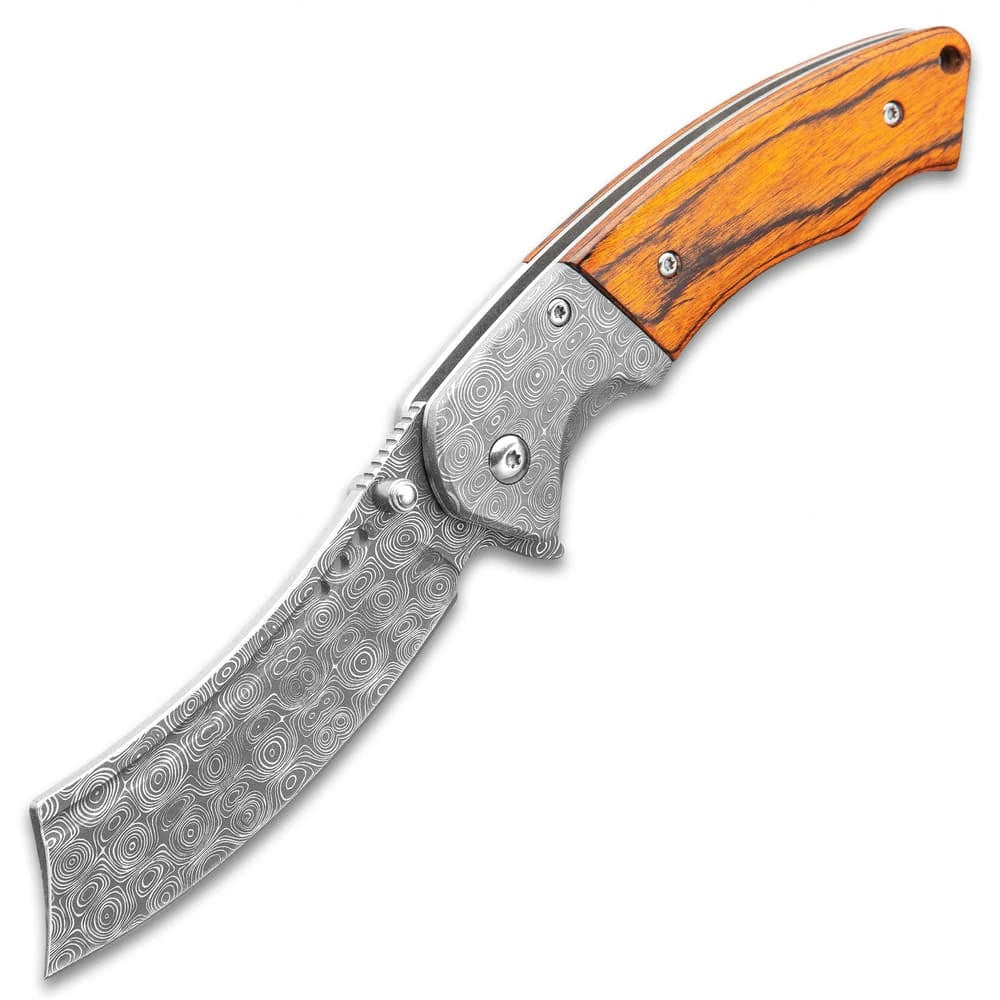 Boot Hill Razor pocket knife with Damascus pattern steel and wooden handle scales