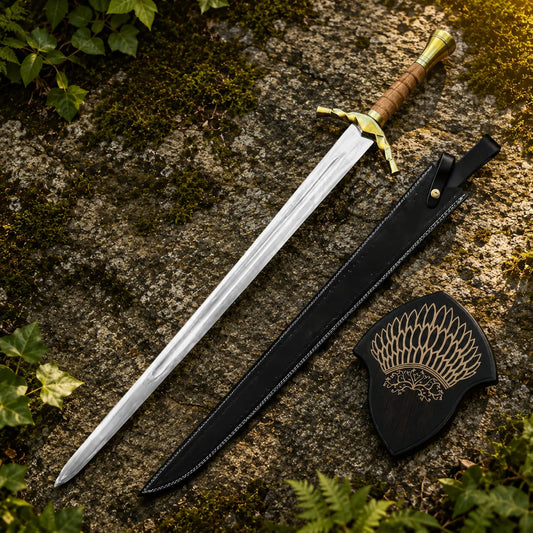 Boromir Sword Lord of the Rings display replica with silver and gold-tone finish, dark handle styling, and fantasy collectible decor presentation