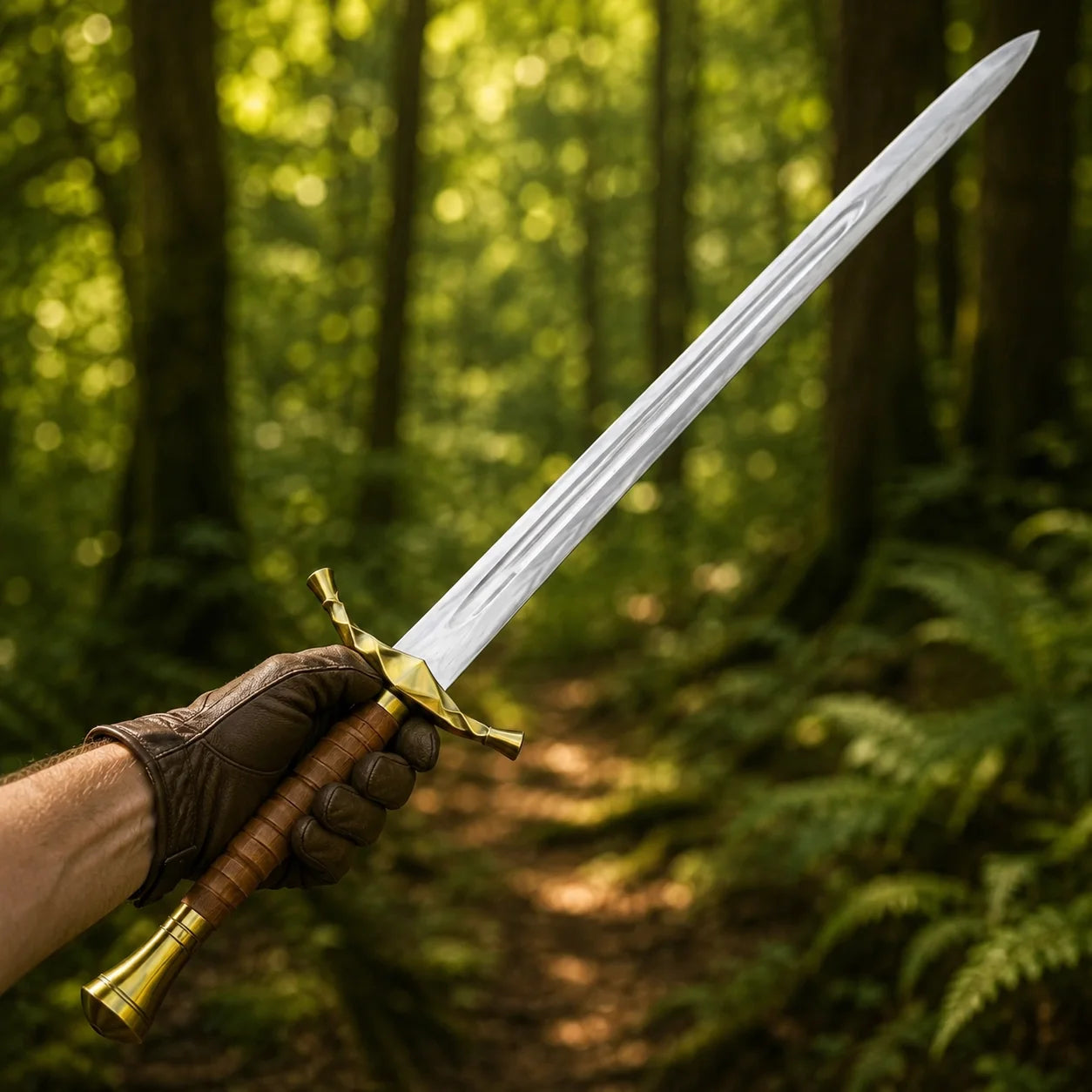 Boromir Sword Lord of the Rings display replica with silver and gold-tone finish, dark handle styling, and fantasy collectible decor presentation