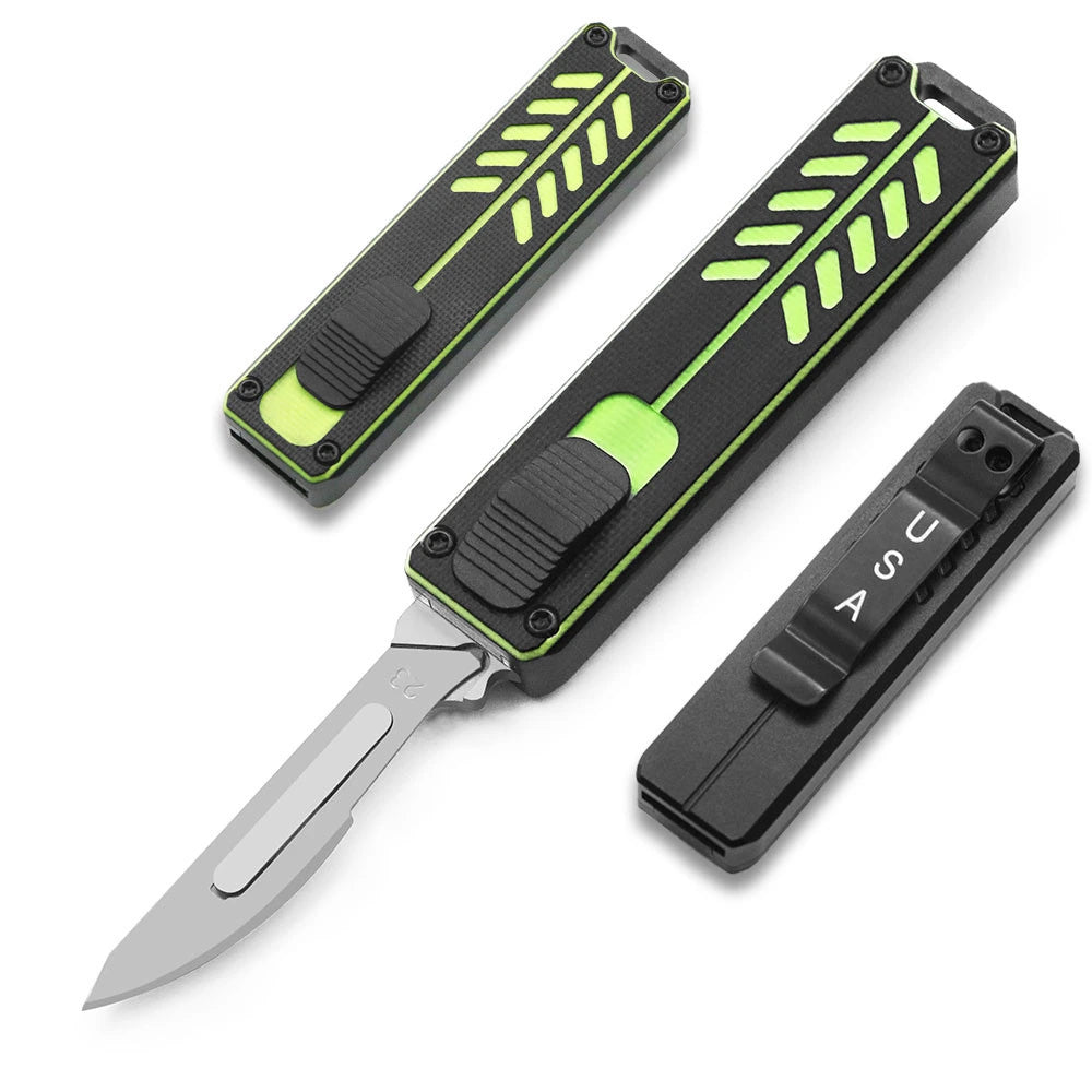 Compact OTF precision scalpel cutter full view with green handle and pocket clip