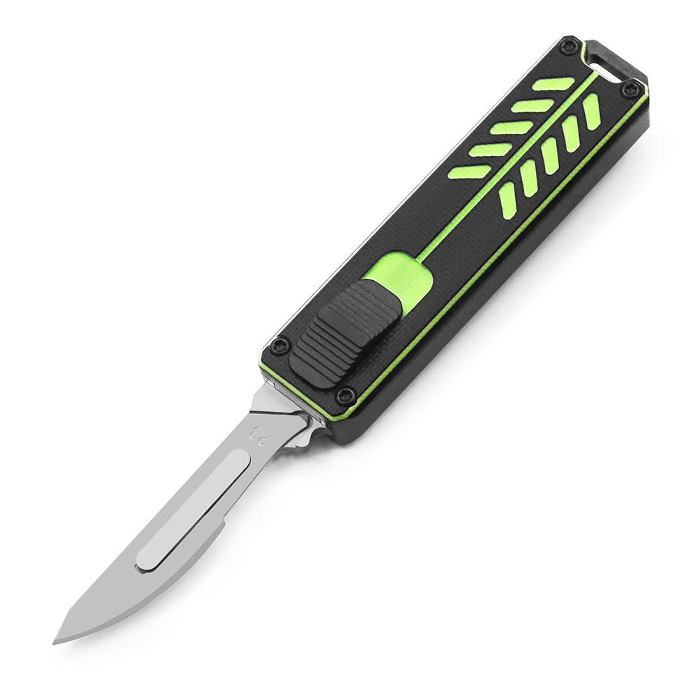 Compact OTF precision scalpel cutter full view with green handle and pocket clip