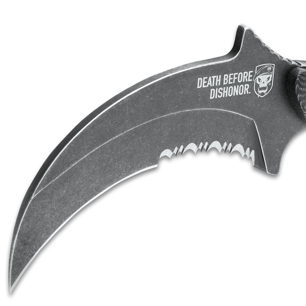 Death Before Dishonor Micarta Karambit open view