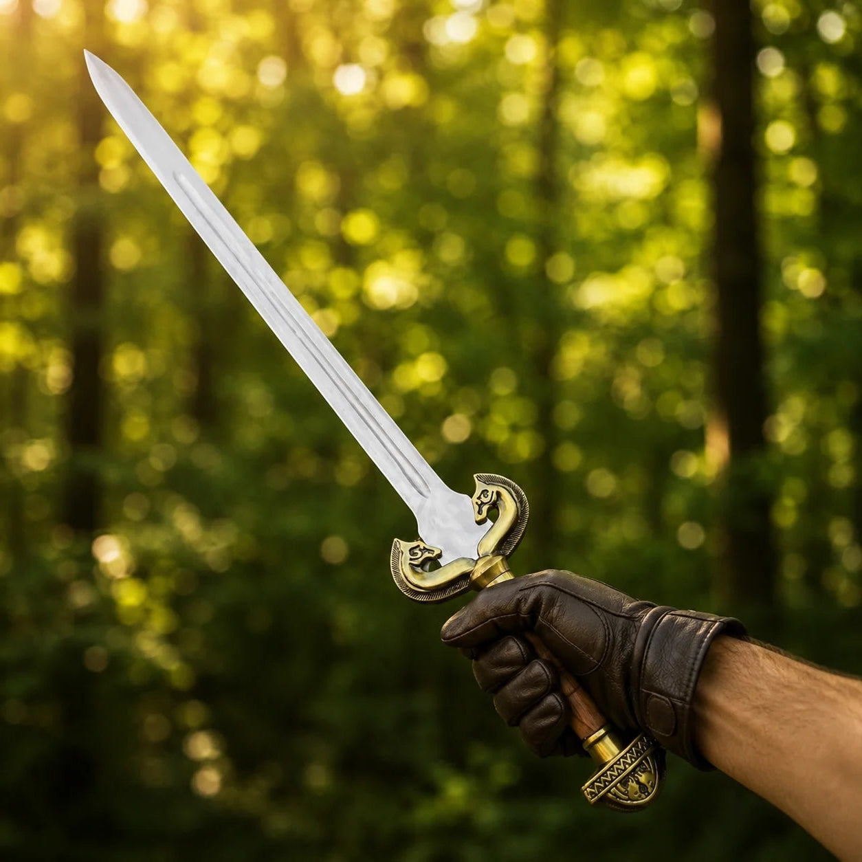 Eowyn Sword Lord of the Rings display replica collectible with silver and gold-tone fantasy styling, dark handle, and collectible Rohan decor presentation