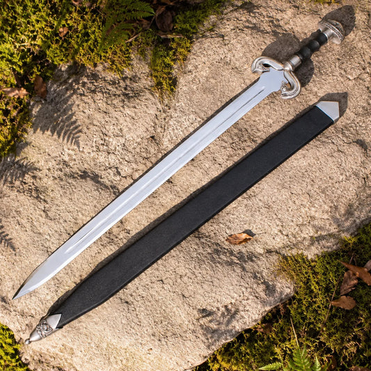 Eowyn Sword Lord of the Rings display replica collectible with silver and gold-tone fantasy styling, dark handle, and collectible Rohan decor presentation