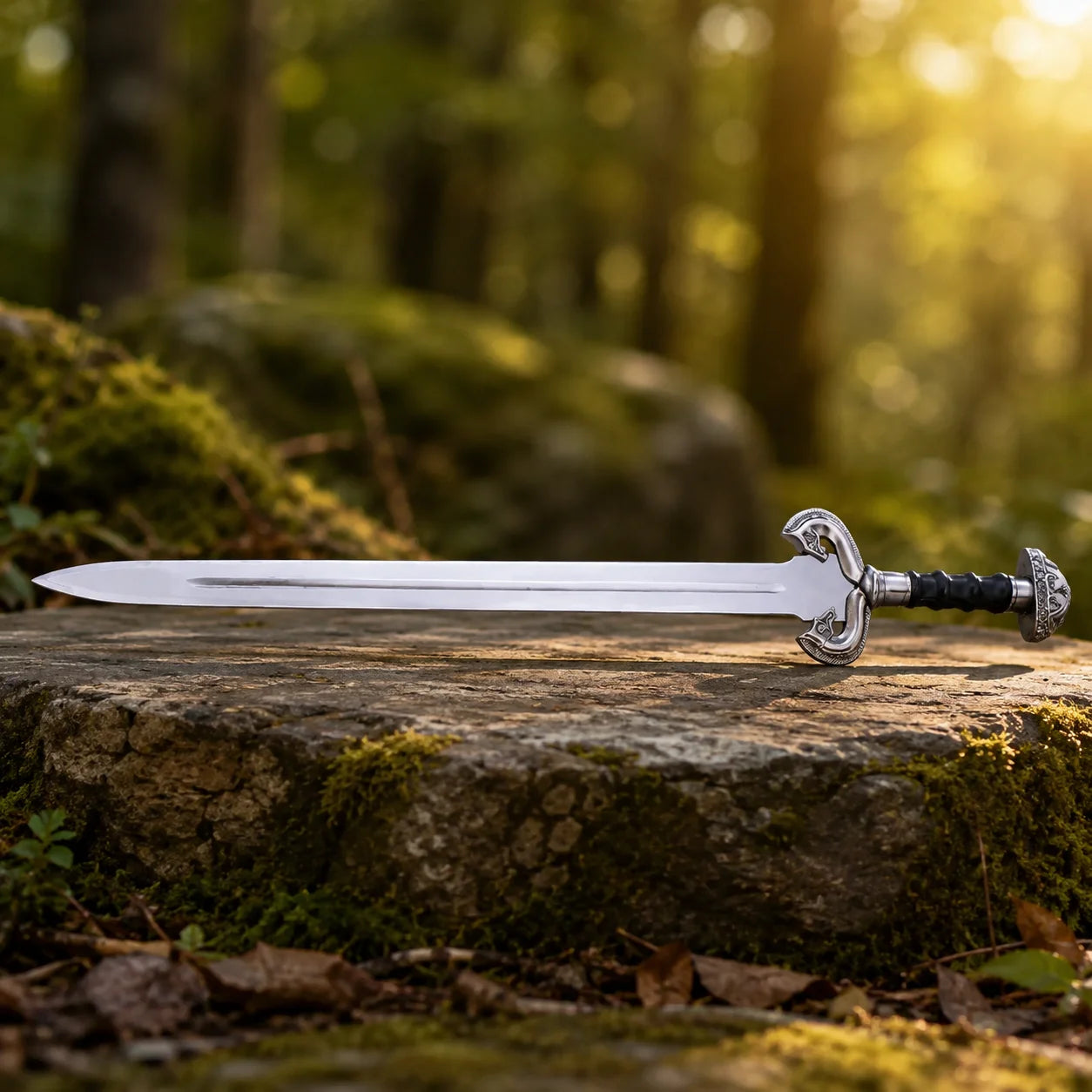 Eowyn Sword Lord of the Rings display replica collectible with silver and gold-tone fantasy styling, dark handle, and collectible Rohan decor presentation