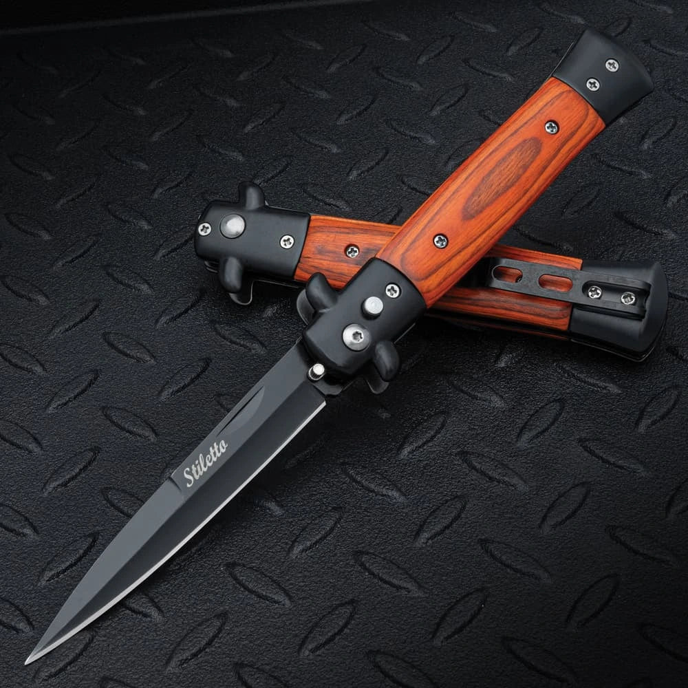 Gangster's edge automatic stiletto knife closed with wood inlay handle and stainless steel construction