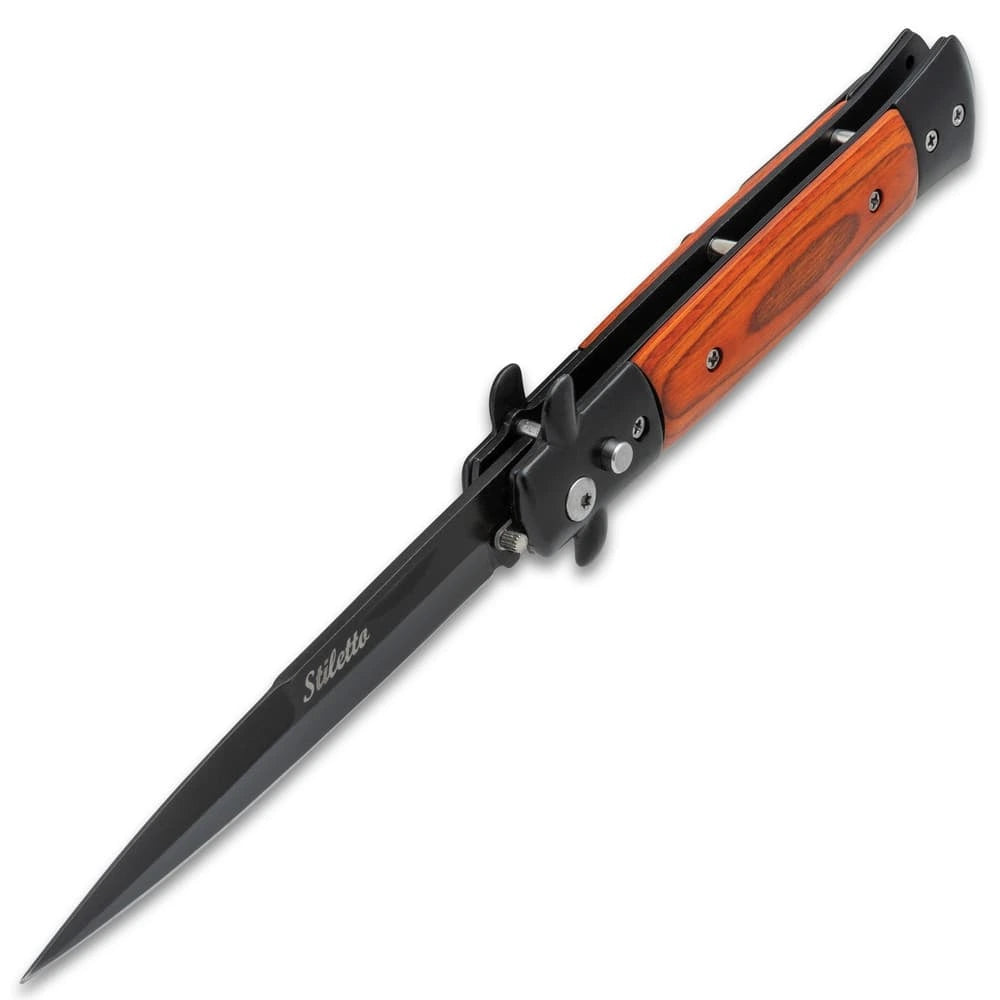 Gangster's edge automatic stiletto knife closed with wood inlay handle and stainless steel construction