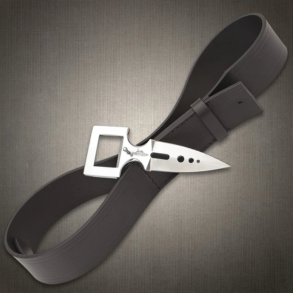 Hidden belt buckle knife open showing 3.25 inch stainless steel blade tucked discreetly