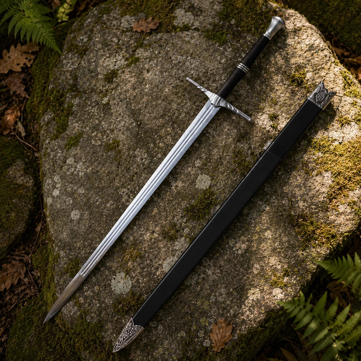 Geralt of Rivia Witcher Steel Sword display replica with silver fantasy styling, black handle details, decorative collector appeal, cosplay prop use, and gamer room decor