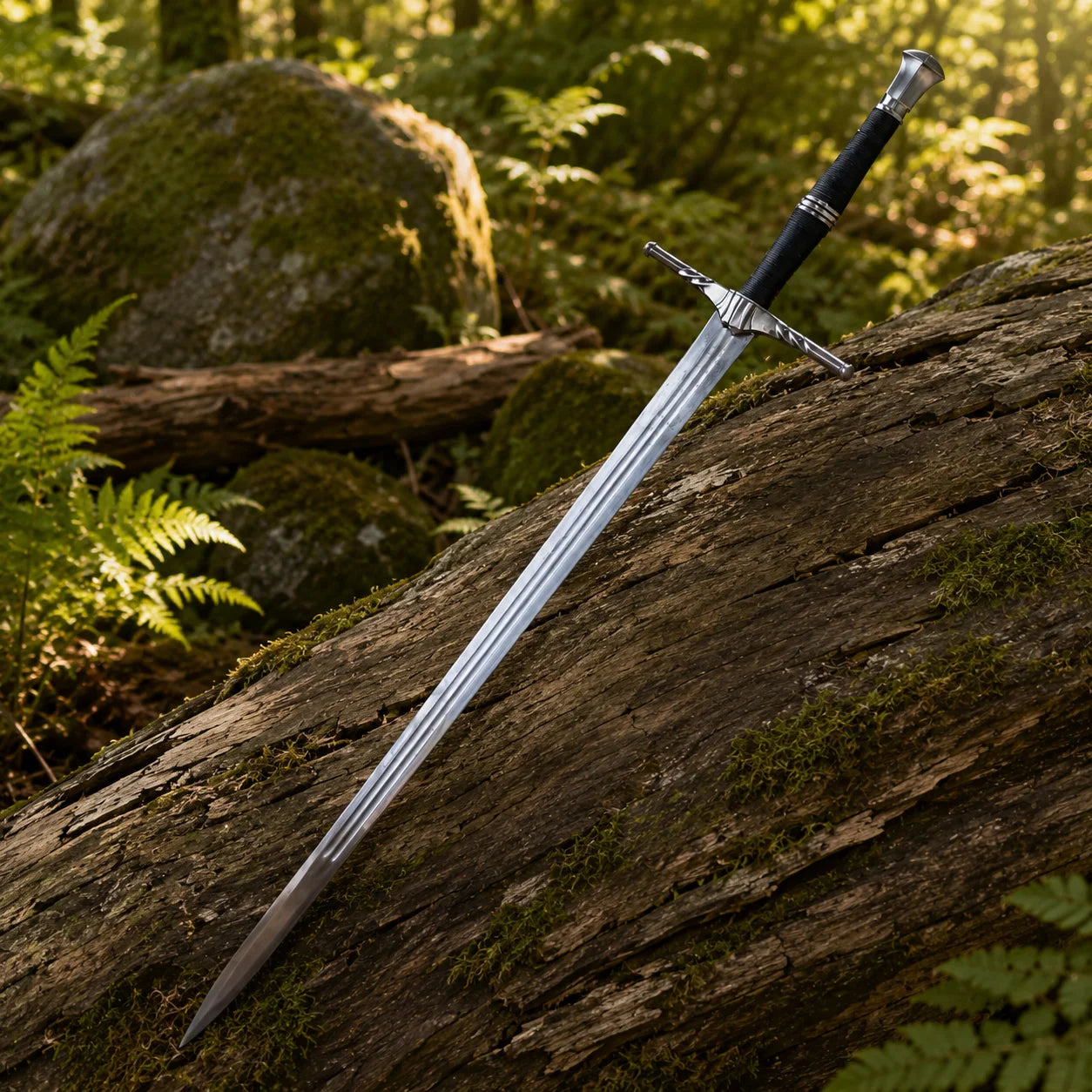 Geralt of Rivia Witcher Steel Sword display replica with silver fantasy styling, black handle details, decorative collector appeal, cosplay prop use, and gamer room decor