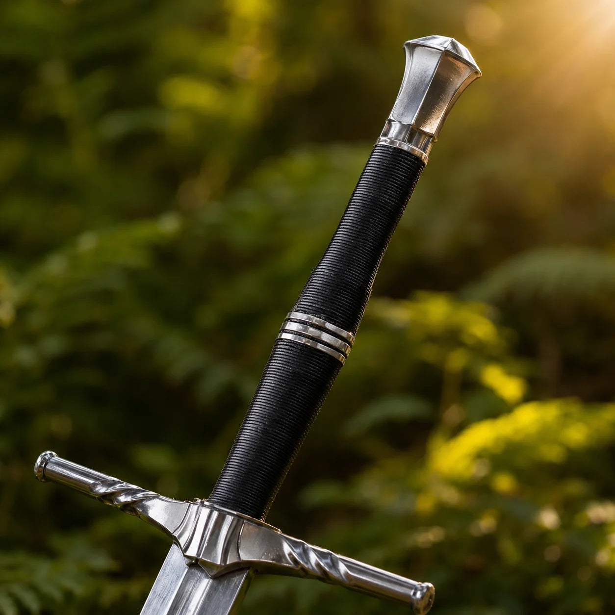 Geralt of Rivia Witcher Steel Sword display replica with silver fantasy styling, black handle details, decorative collector appeal, cosplay prop use, and gamer room decor