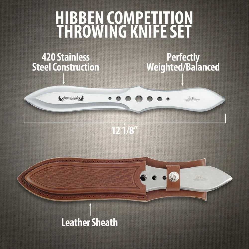 Gil Hibben competition throwing knife triple set with 420 stainless steel and leather sheath