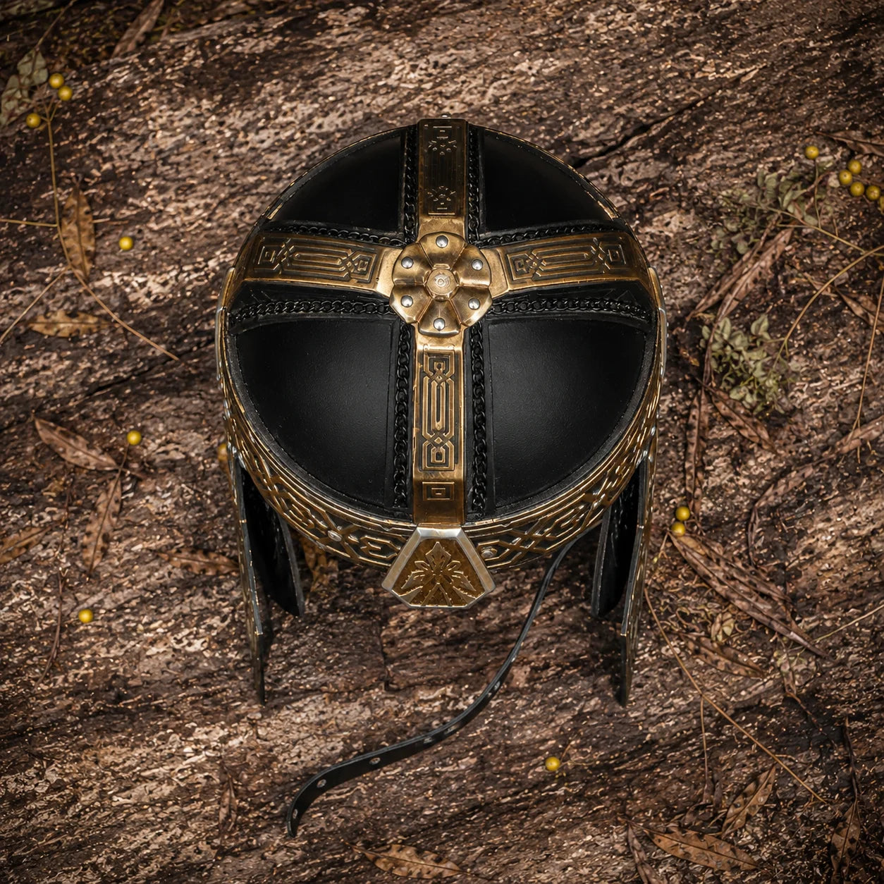 Universal Image Alt Text: Gimli Helmet LOTR decorative display replica with antique bronze and gold finish for collector fantasy decor