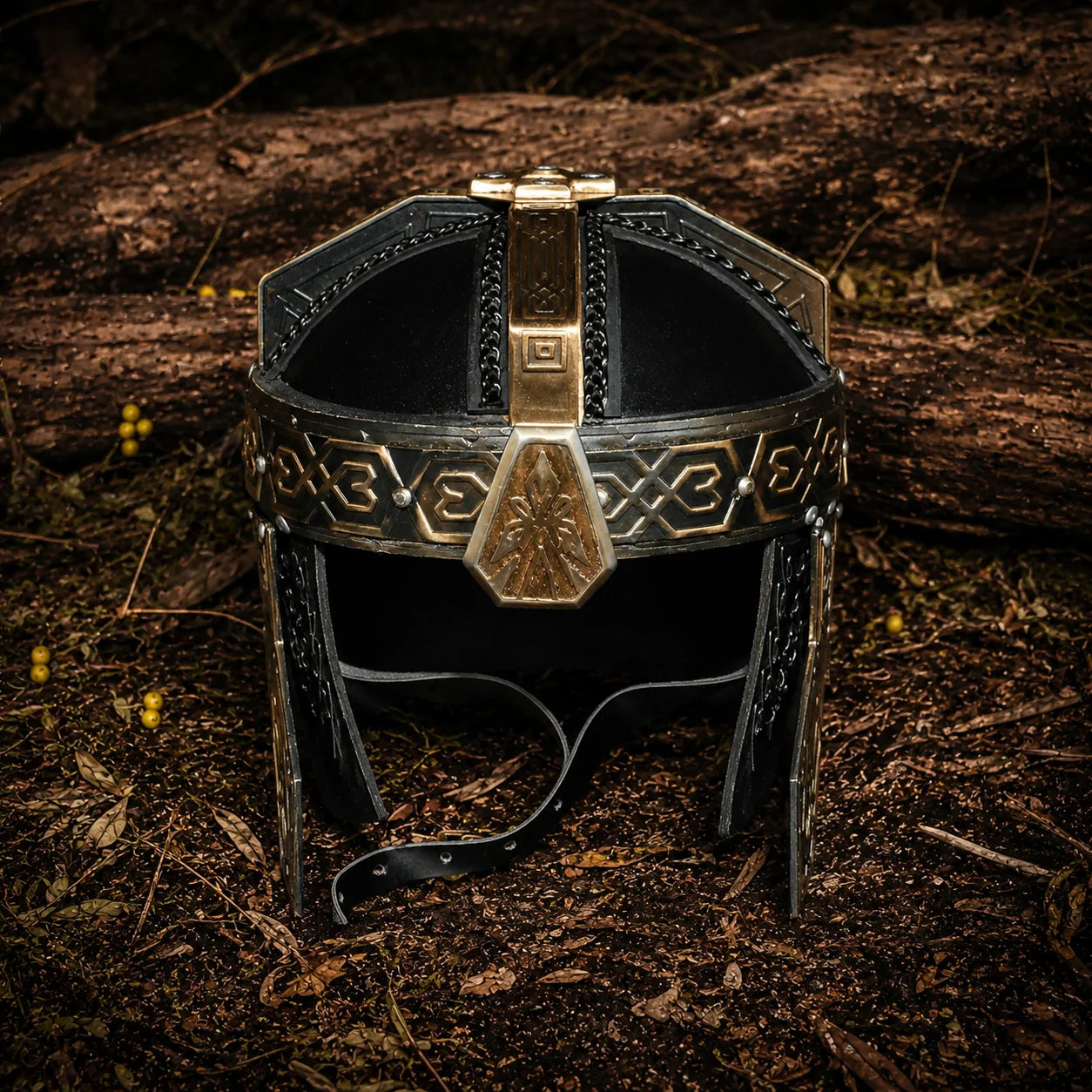 Universal Image Alt Text: Gimli Helmet LOTR decorative display replica with antique bronze and gold finish for collector fantasy decor