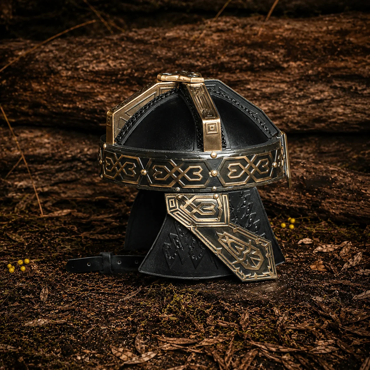Universal Image Alt Text: Gimli Helmet LOTR decorative display replica with antique bronze and gold finish for collector fantasy decor