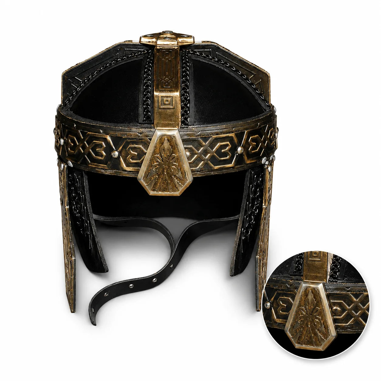 Universal Image Alt Text: Gimli Helmet LOTR decorative display replica with antique bronze and gold finish for collector fantasy decor